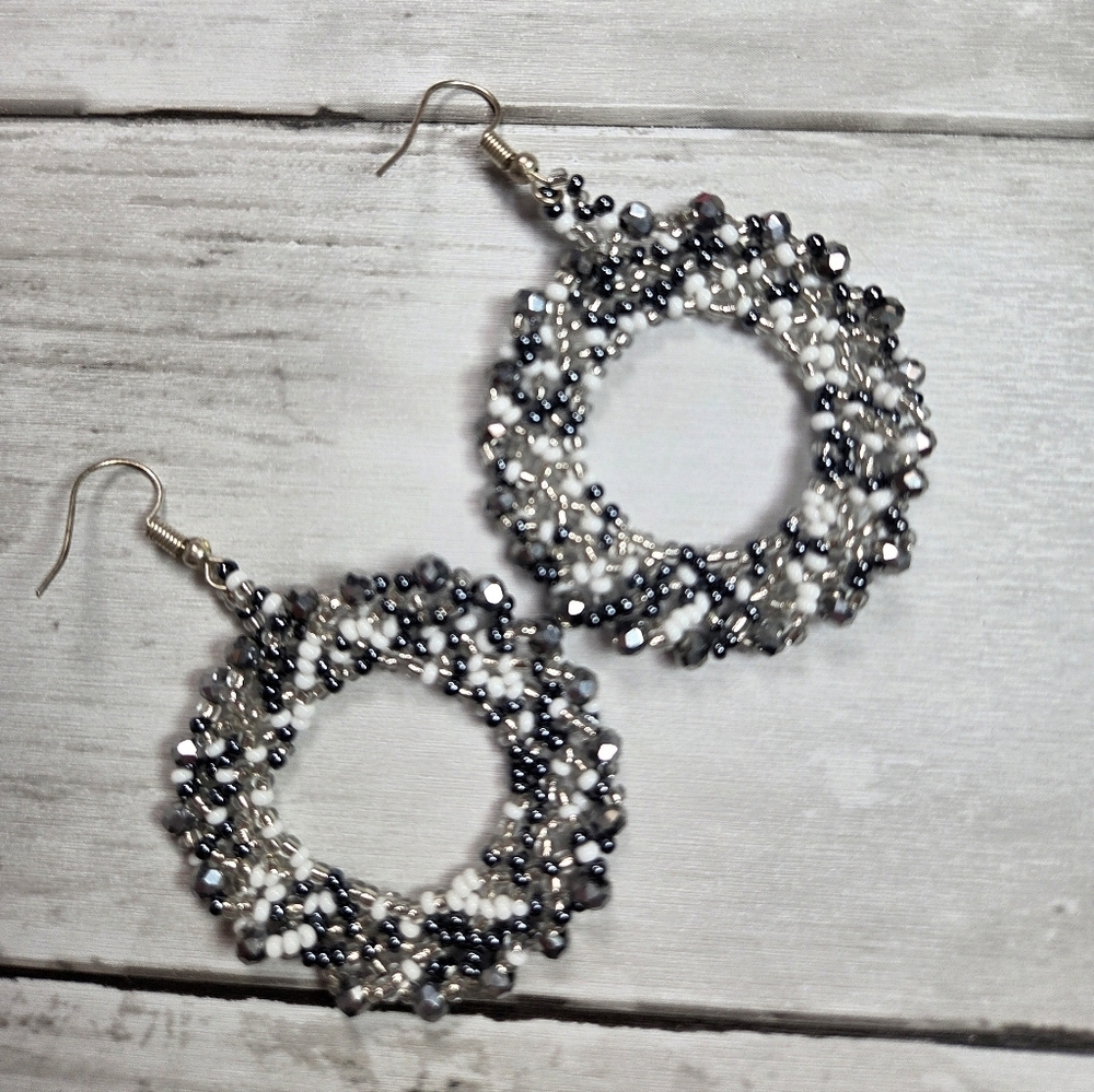 Beaded Hoop Drop Earrings in Silver and White